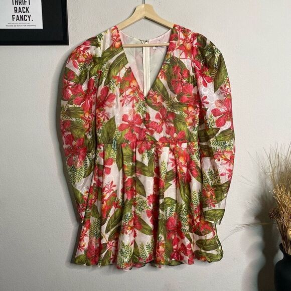 NEW AMUR Dress Floral Tropical Puff Sleeve Mini Dress Red Size 8 - Picture 2 of 9